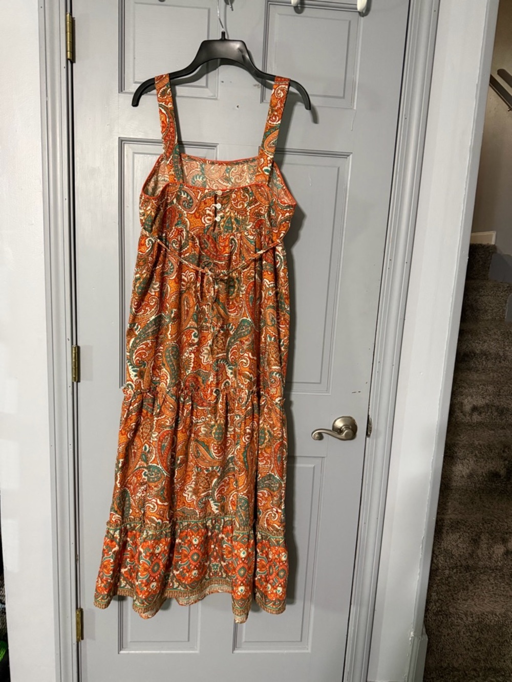 Boho Paisley Midi Dress Orange Green Square Neck Tiered Festival Sundress - Picture 2 of 8
